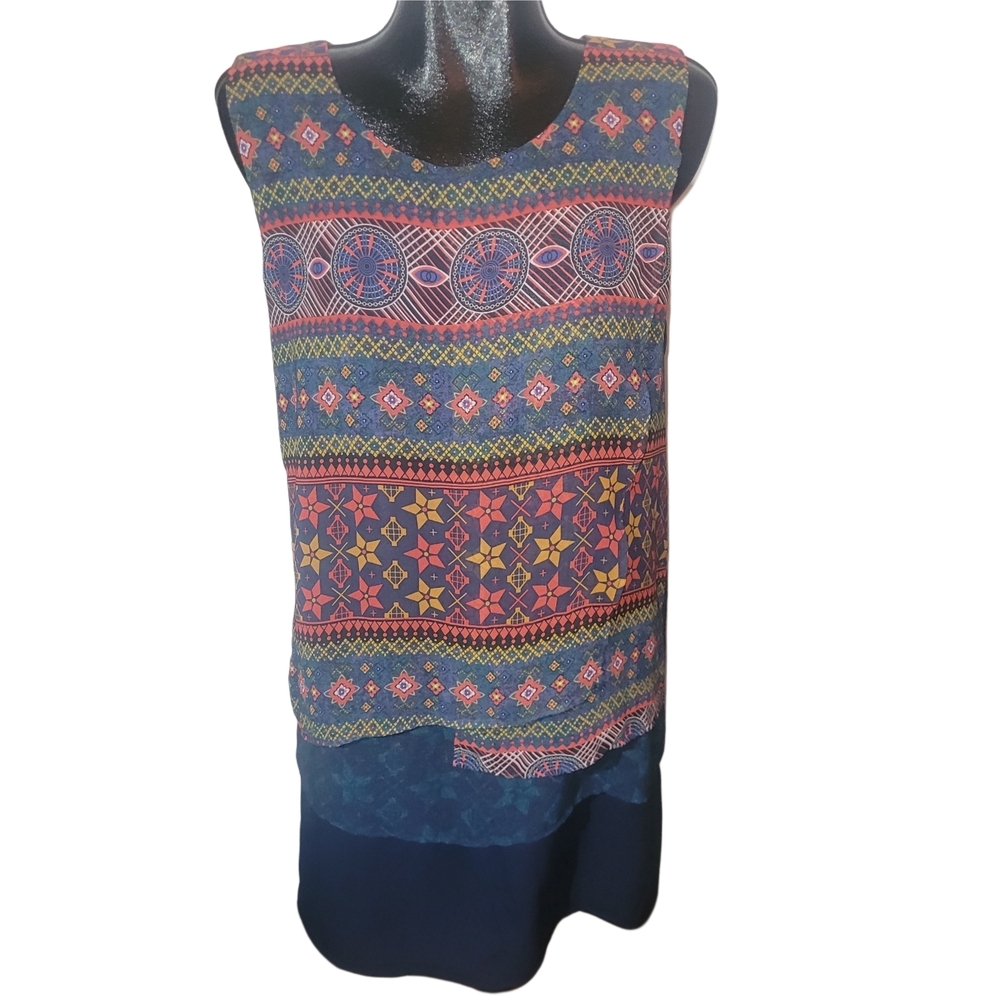 Desigual Navy and Multicolor Geometric Sleeveless Shift Layered Dress Size 42EU